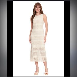 NWT- London Times Crochet Sleeveless Sheath Dress in Natural with Fringe Hem 6